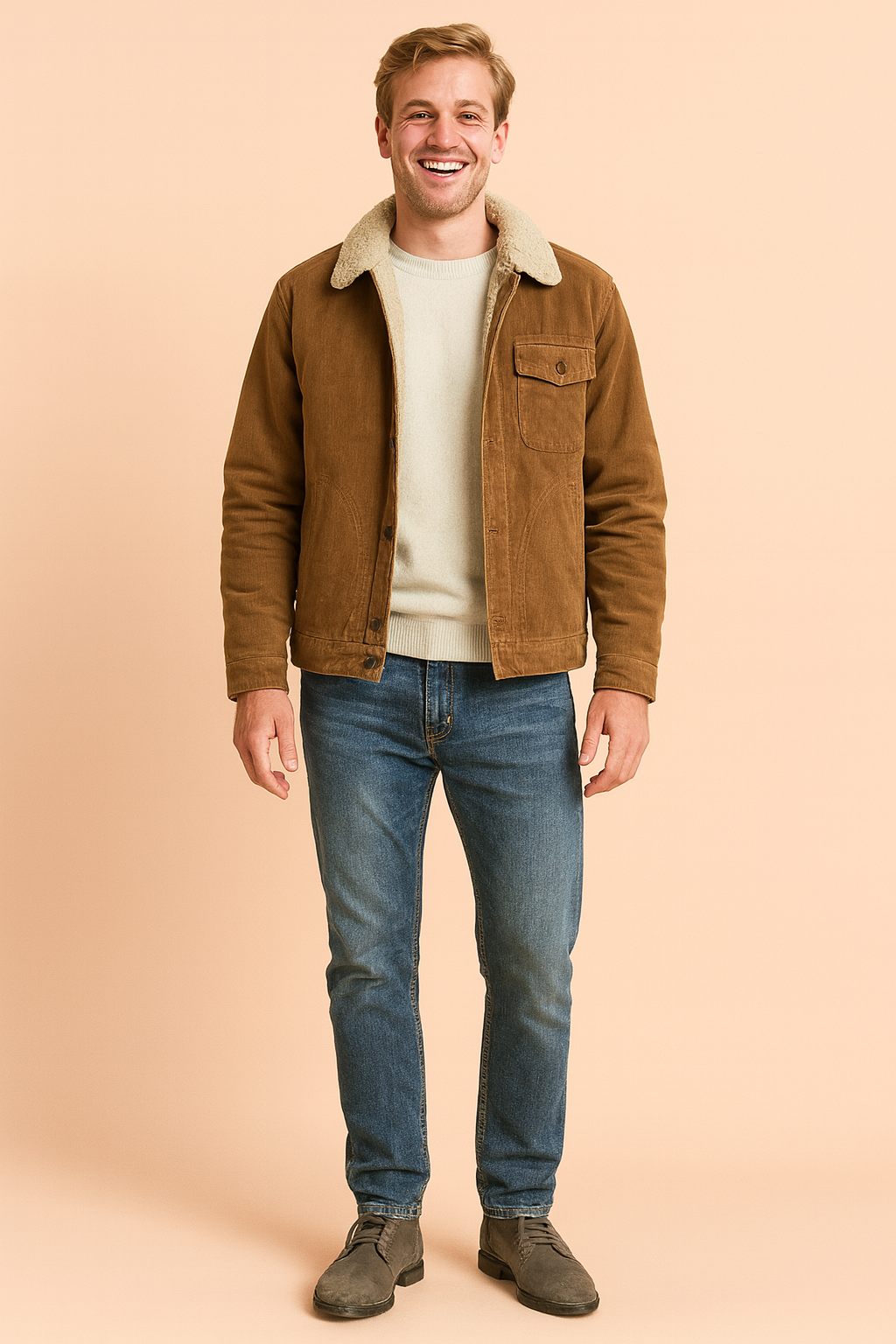 Menswear vintage button jacket, insulated for winter warmth. Men's fashion outerwear, classic casual style.