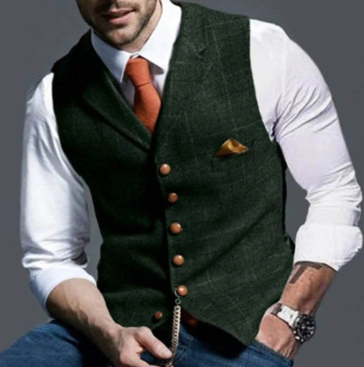 Vintage-style men's vest, a classic layering piece with button-front and adjustable back.