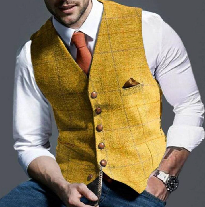 Stylish men's vintage vest with adjustable back, ideal for layering and gentleman style.
