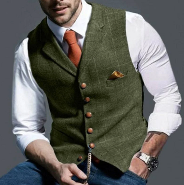 Classic men's button-front vest in vintage style, versatile for formal and casual wear.