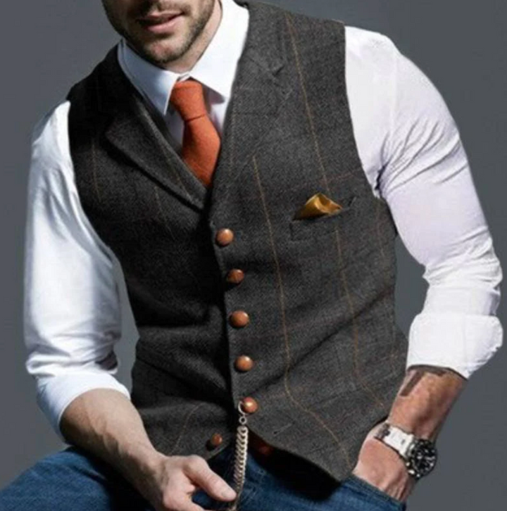 Classic menswear vintage vest, button-front design, great for layering and adaptable fashion.