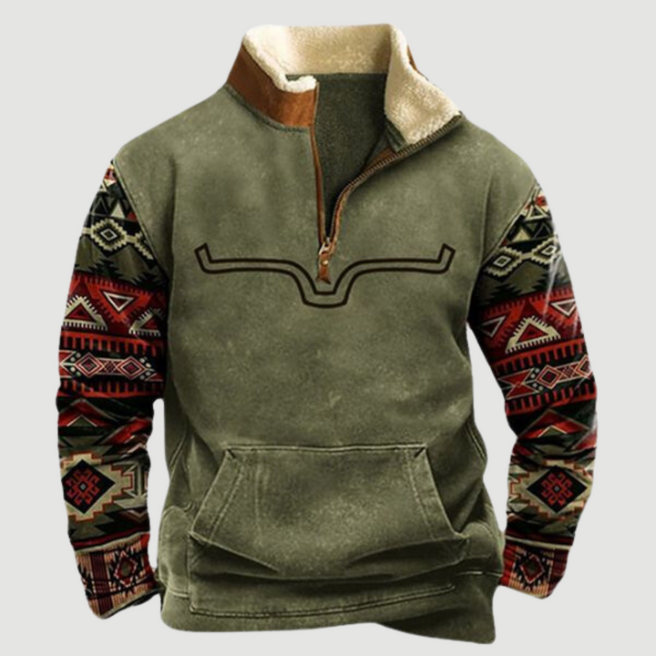 Retro men's vintage Felix zip-up fleece jumper, a warm winter outerwear piece for classic style.