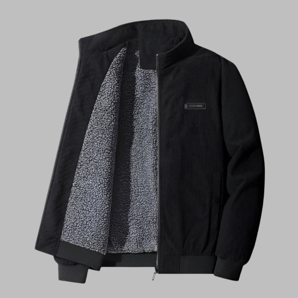 Men's warm corduroy winter jacket, plush-lined, brown. Casual zipper outerwear for cold weather fashion.