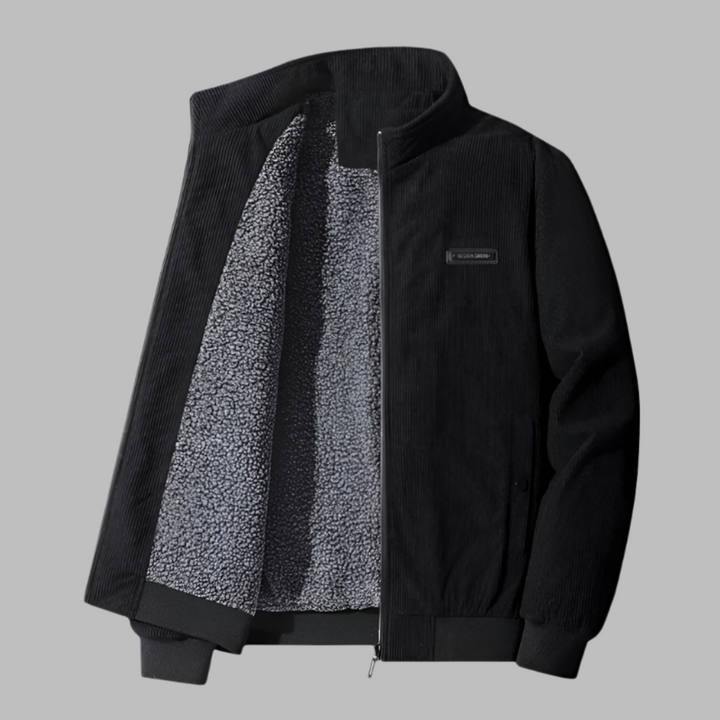 Men's warm corduroy winter jacket, plush-lined, brown. Casual zipper outerwear for cold weather fashion.