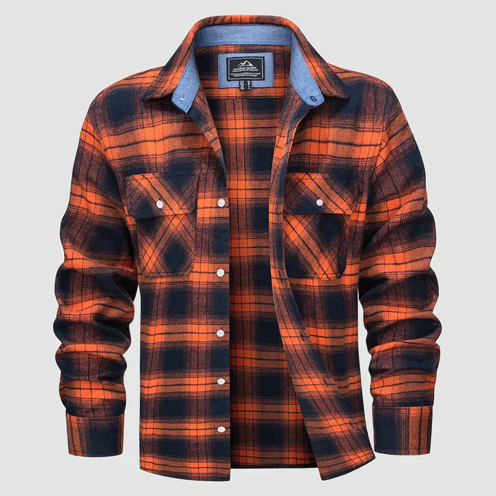 Durable men's flannel-lined shirt, long sleeve button-down for warmth and versatile autumn fashion.