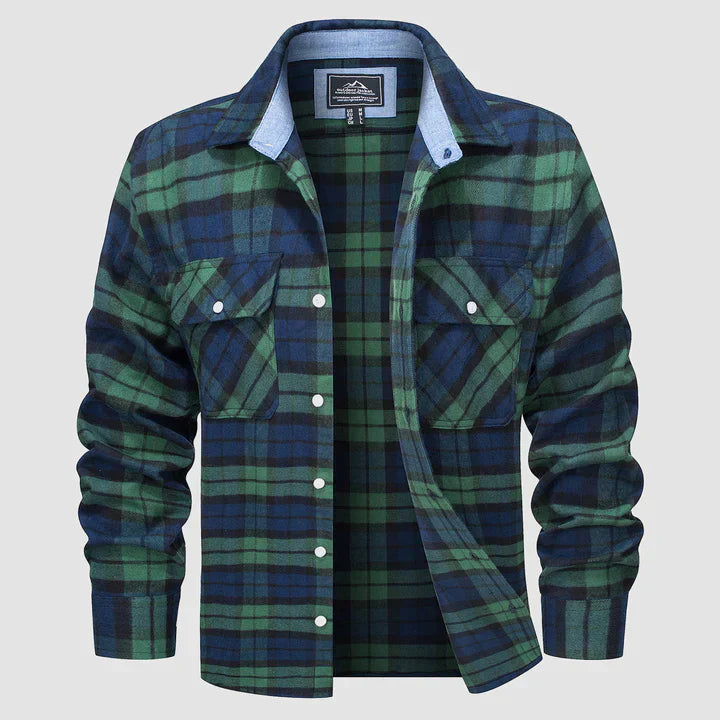 Classic men's casual long-sleeve shirt, warm flannel interior, offering comfort and style for cold days.