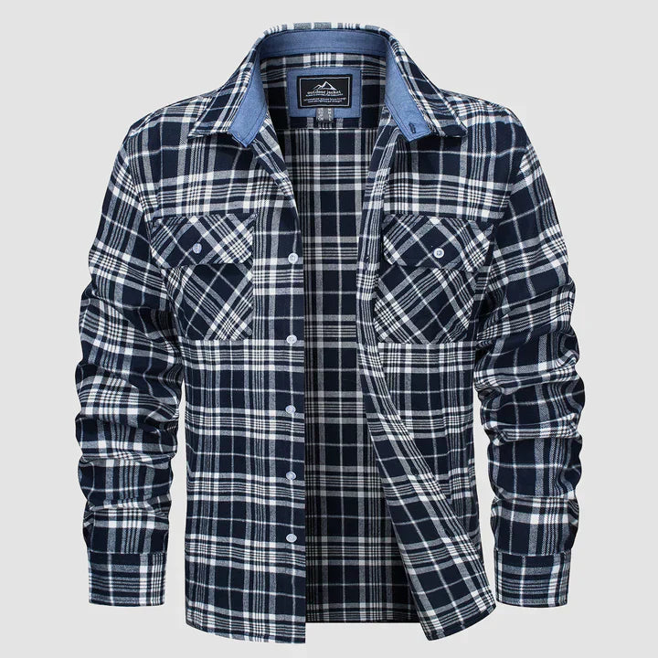 Logan Men's warm flannel-lined button-down shirt for cozy comfort & style on cool autumn & winter days.