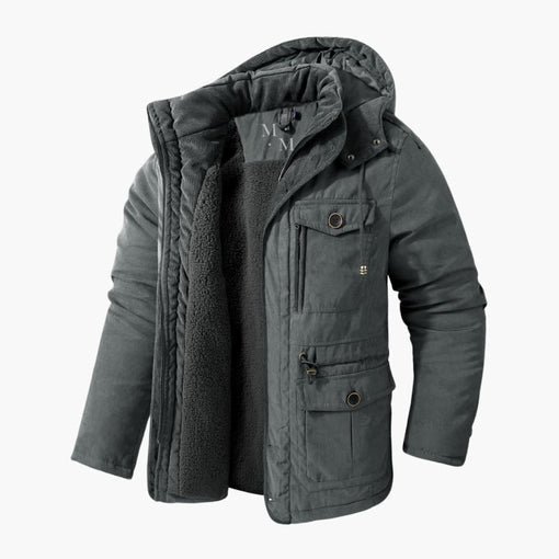 Men's warm hooded winter jacket for cold weather. Versatile outerwear with a zipper for daily comfort and style.