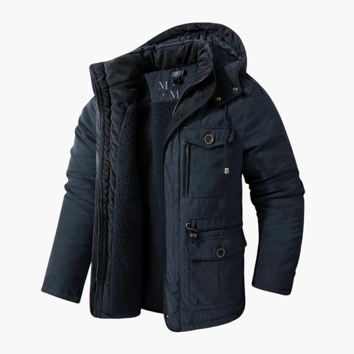 Stylish men's hooded winter coat, ideal for fall and cold weather. Features a durable zipper, cozy comfort, and fashion.