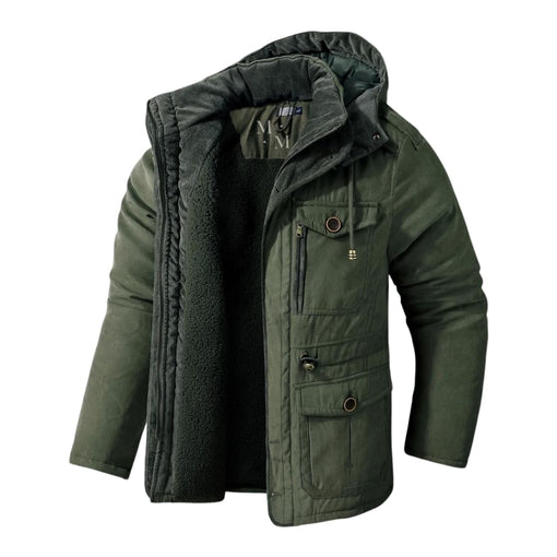 Heavy-duty men's hooded winter jacket for extreme cold. Features a robust zipper, warm lining, and modern men's fashion appeal.