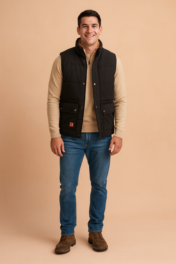 Men's warm sherpa-lined utility vest with snap buttons for winter layering. Comfortable knitwear outerwear.
