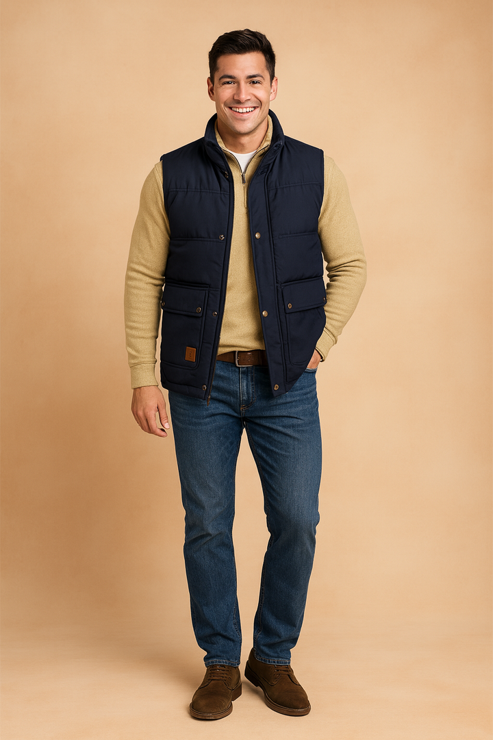 Stylish men's sherpa-lined utility vest, perfect for outdoor activities & casual winter fashion. Snap button closure.