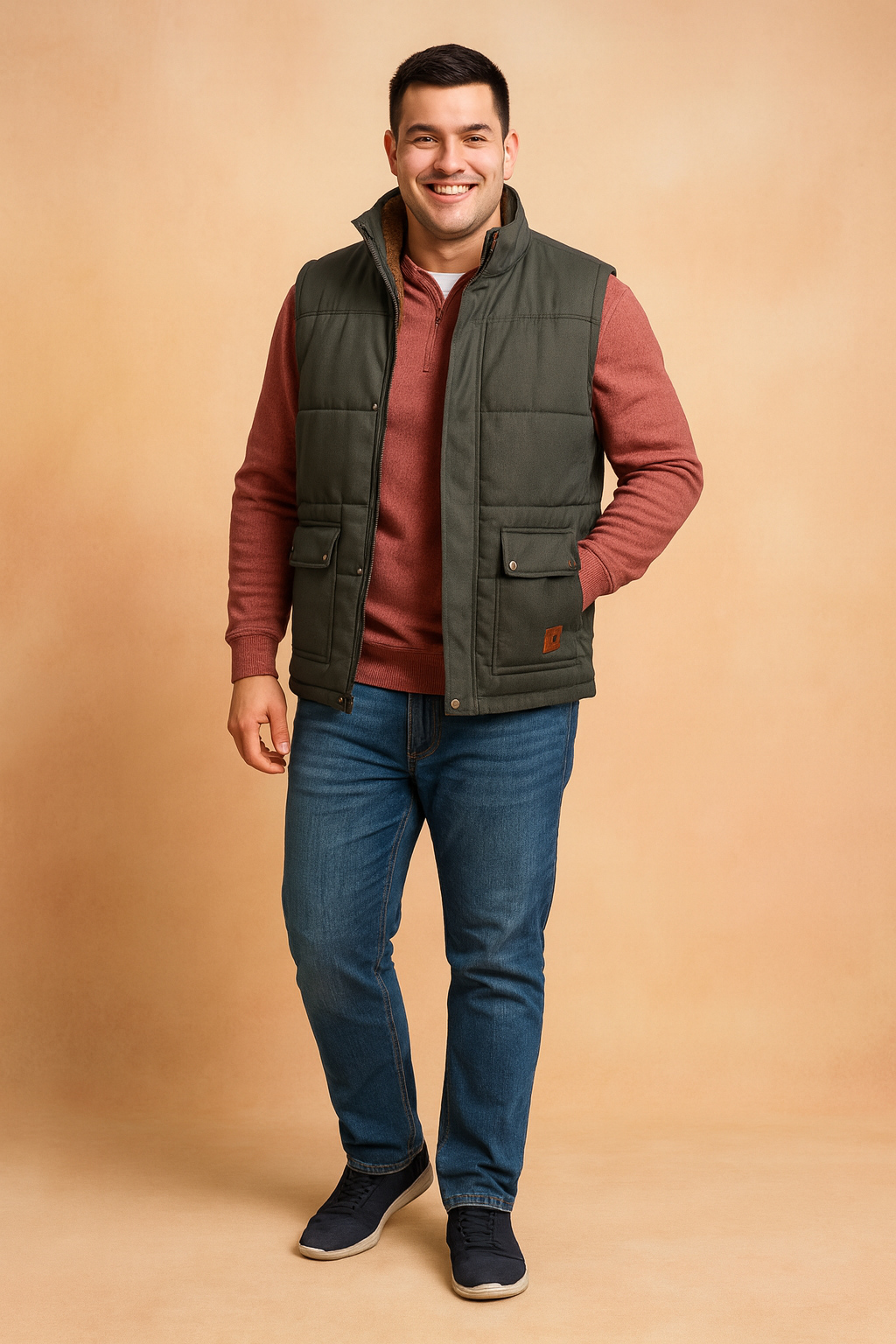 Comfortable men's winter utility vest, sherpa-lined for warmth. Ideal for layering outerwear; features snap buttons.