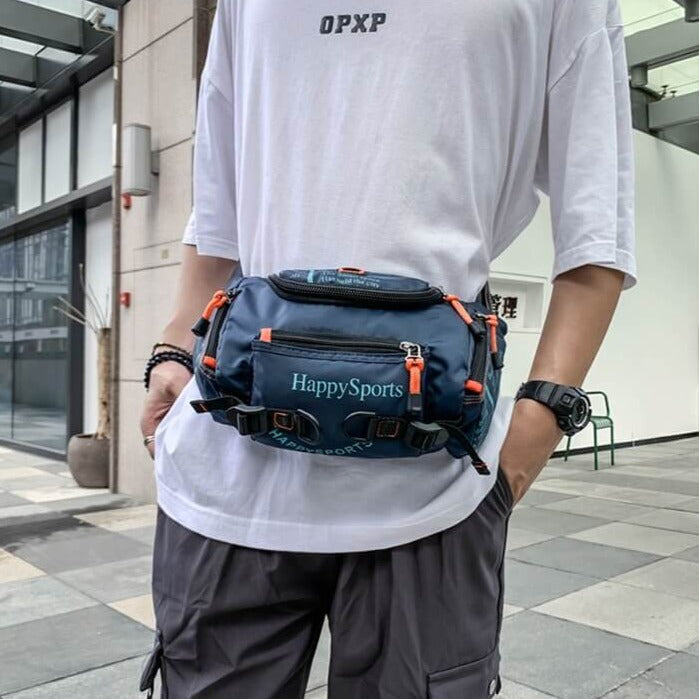 A men's water-resistant waist pack, an essential accessory for travel and outdoor gear.
