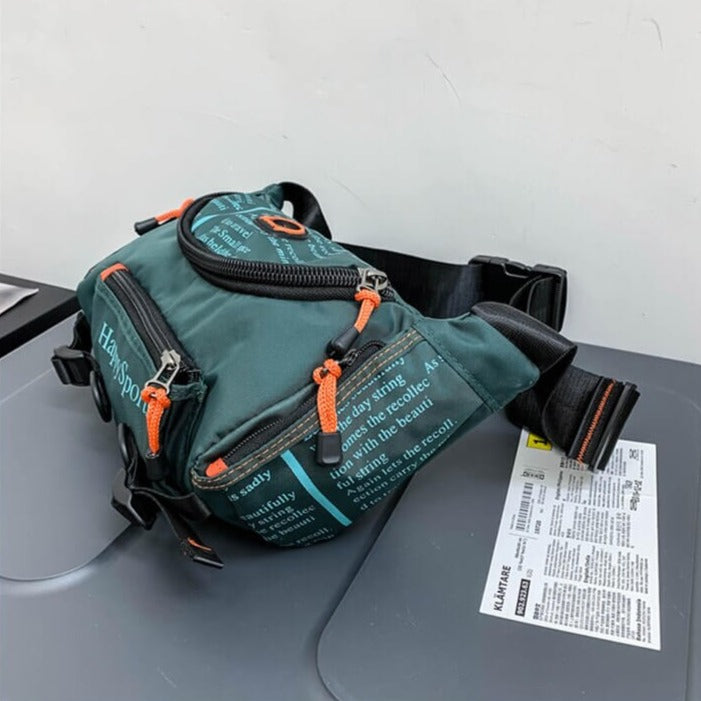 Water-resistant men's everyday carry bag, suitable for city and nature exploration.