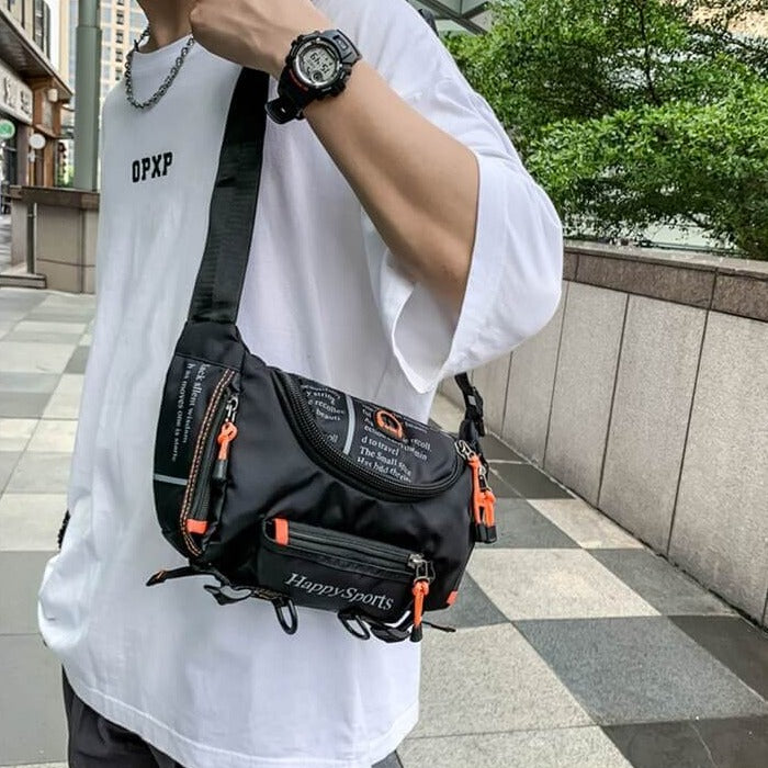 Front view of men's water-resistant multi-way sling bag, sleek design.
