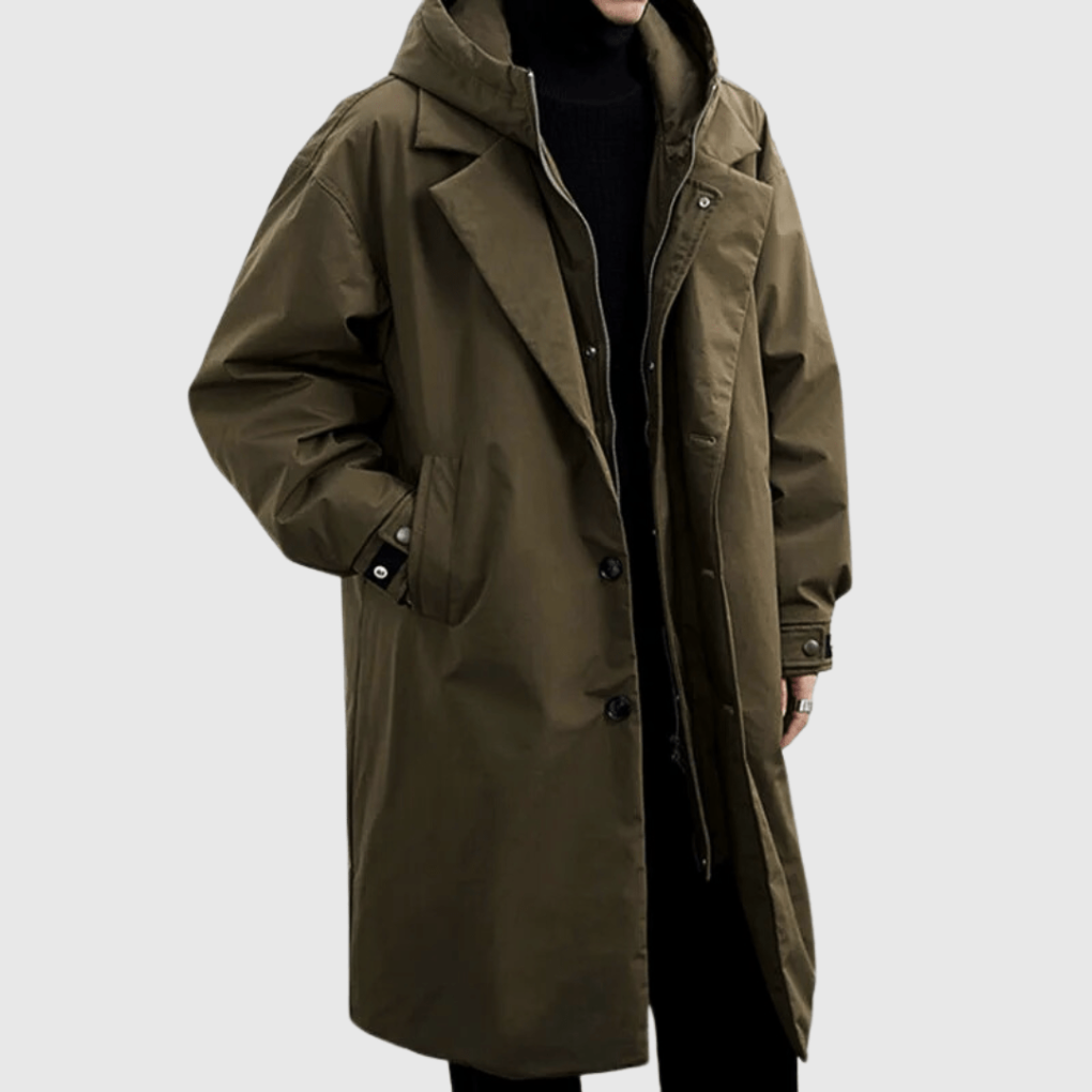 Men's waterproof raincoat, ideal for all-weather protection. Features an adjustable hood, perfect for outdoor gear & travel.