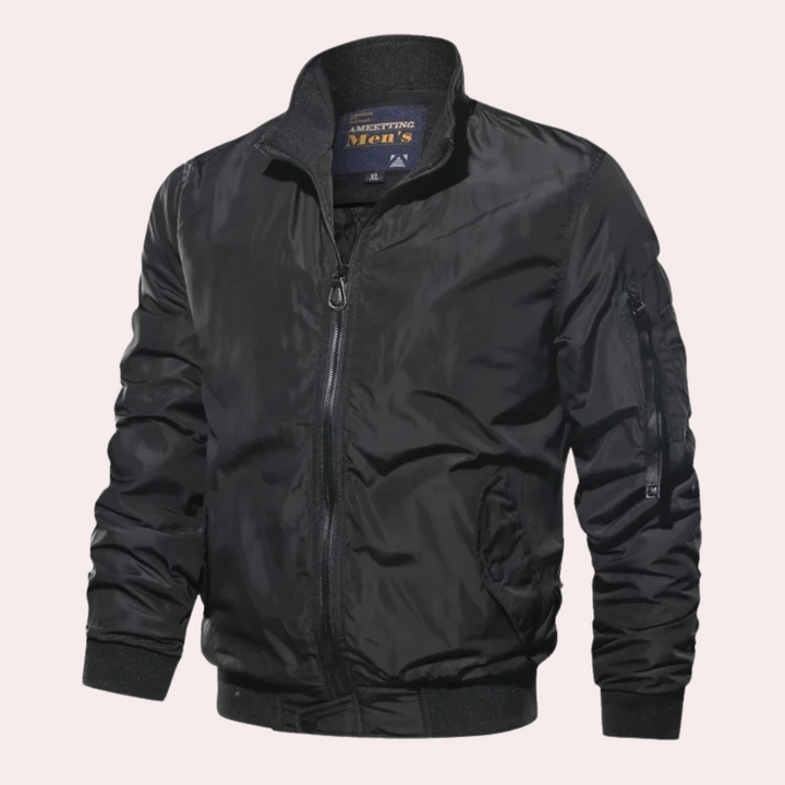 Zip-up men's wind-resistant bomber jacket in a lightweight design, great for casual fall and spring outerwear.