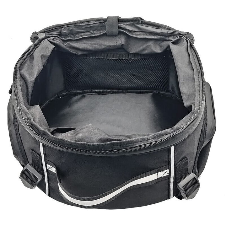 Durable black water-resistant motorcycle travel bag. Ideal bike storage & adventure gear for riders. Multi-compartment design.