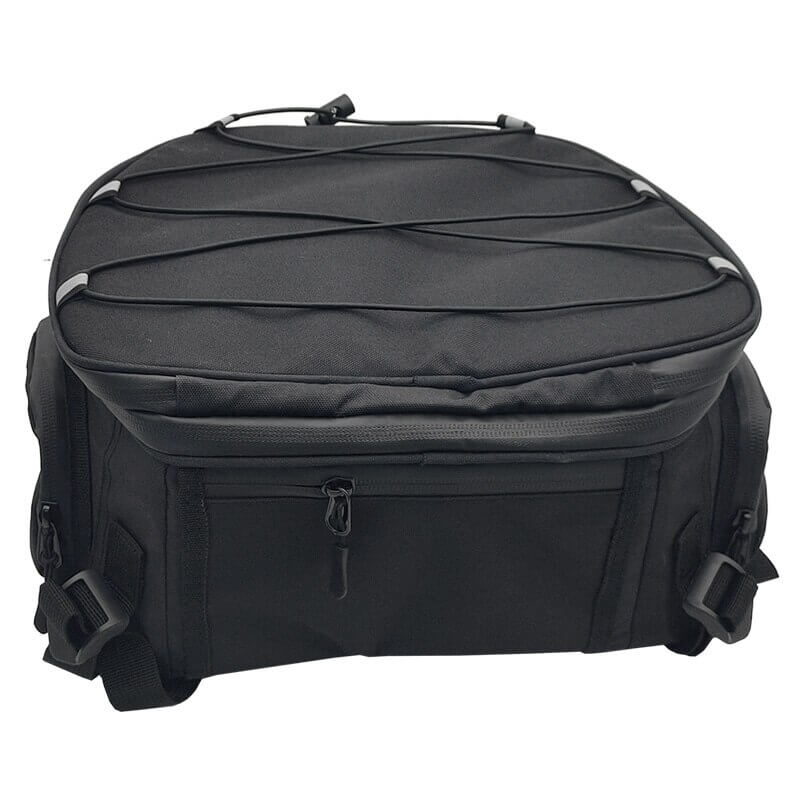 Water-resistant motorcycle accessory gear bag with multiple compartments for helmet, gloves, boots & riding apparel.