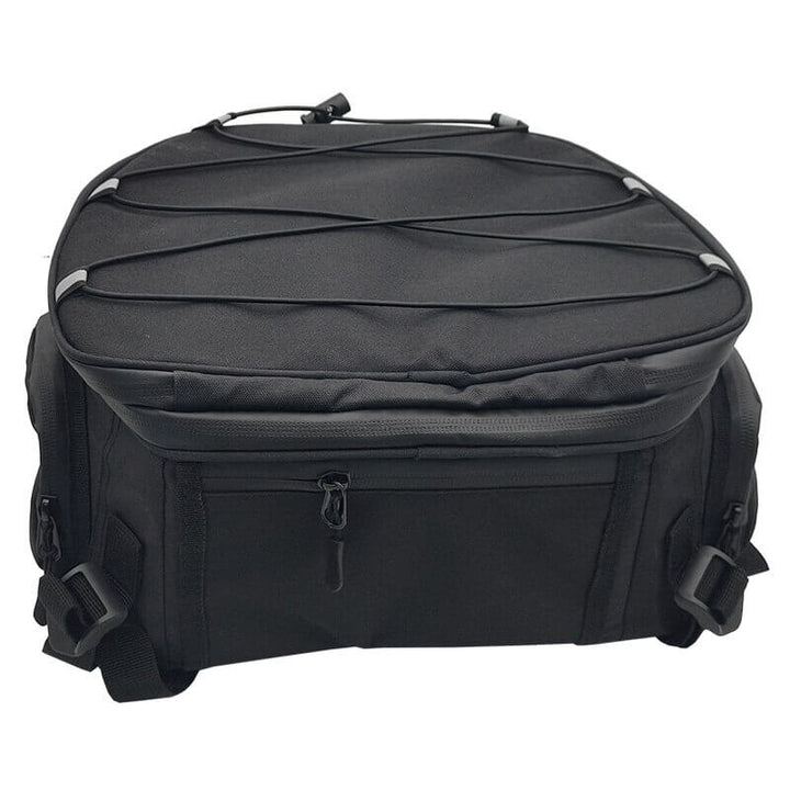 Water-resistant motorcycle accessory gear bag with multiple compartments for helmet, gloves, boots & riding apparel.