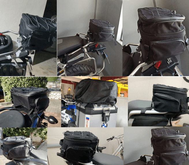 Black water-resistant gear bag for motorcycle helmet, boots, & clothing. Durable multi-compartment travel bag for road trips.
