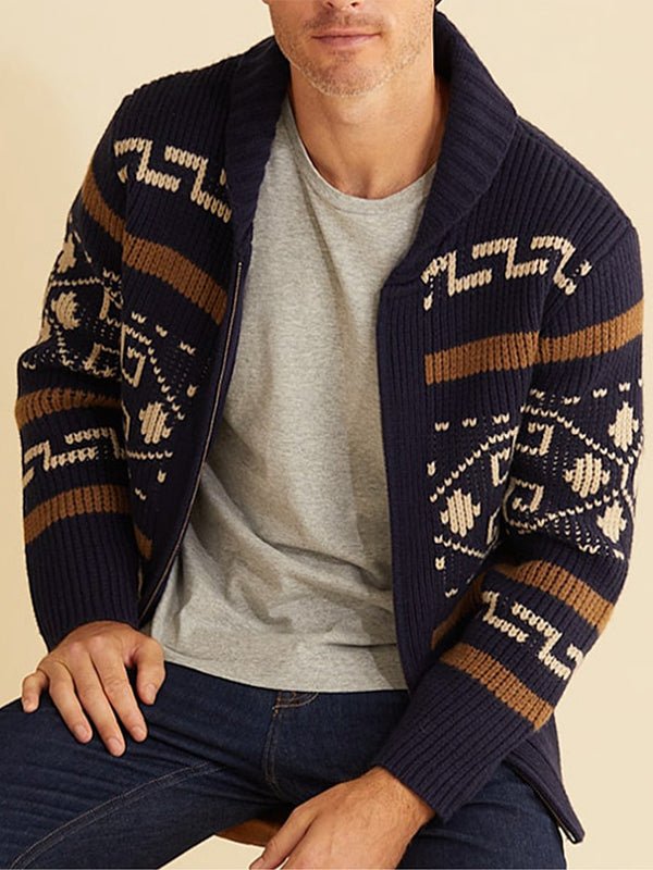 Close-up of men's geometric knit pattern zip-front cardigan, showcasing distinctive design and texture.