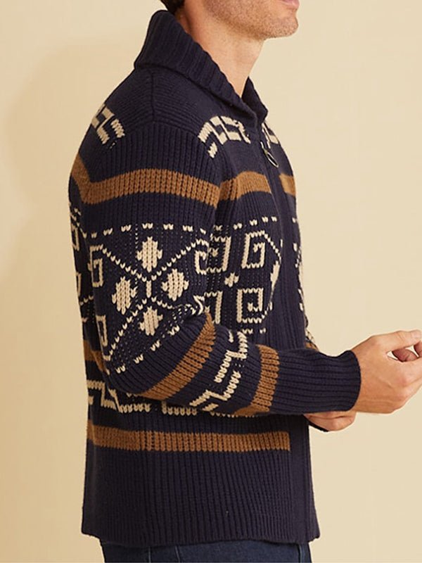 Warm men's winter geometric knit zip cardigan, a stylish and comfortable layering piece for cold weather.