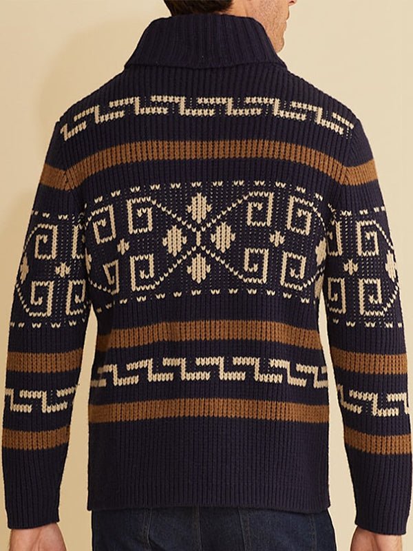 Men's geometric knit pattern zip-front cardigan, a stylish and comfortable fall/winter fashion statement.