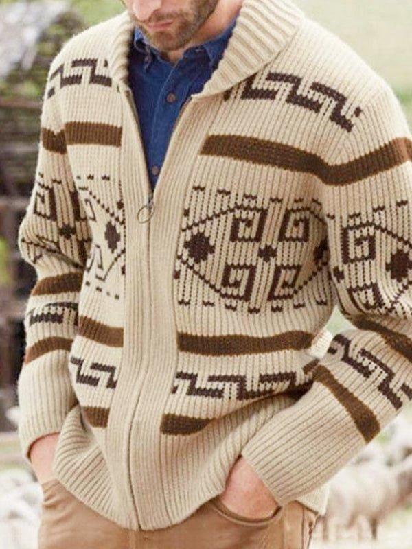 Stylish men's geometric knit cardigan, perfect for fall and winter fashion, comfort fit.