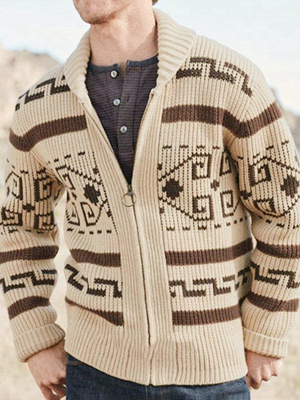 Men's knitwear zip cardigan featuring unique geometric pattern, a versatile layering piece.