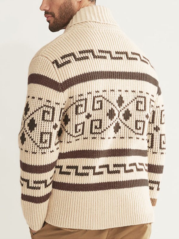 Cozy men's zip cardigan with intricate geometric knit design, offering a comfortable, stylish fit.