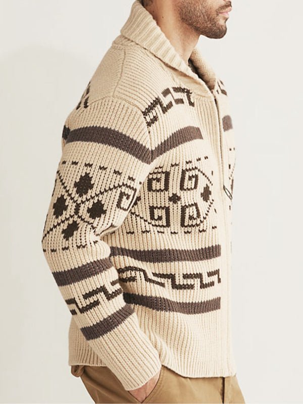 Trendy men's fall/winter geometric knit cardigan, a stylish zip-front sweater for daily wear.