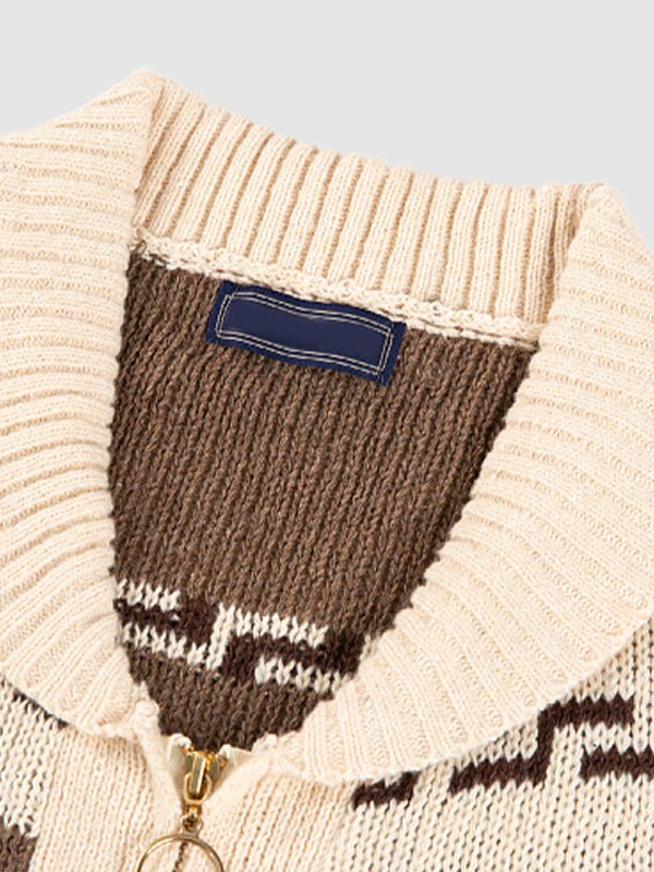 Versatile men's geometric pattern zip cardigan, an essential knitwear layering piece for modern style.