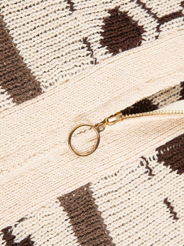 Distinctive geometric knit pattern on a men's zip-front cardigan, perfect for a unique casual look.