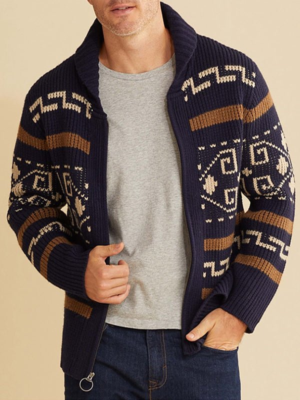 Men's fashion geometric knit zip cardigan, a versatile sweater for layering or stand-alone wear.