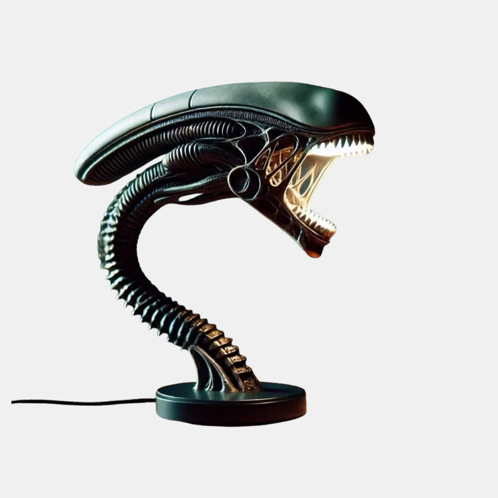 Menacing Sci-Fi Creature LED Table Lamp. Resin horror decor desk light for gaming rooms & unique collectible lighting.