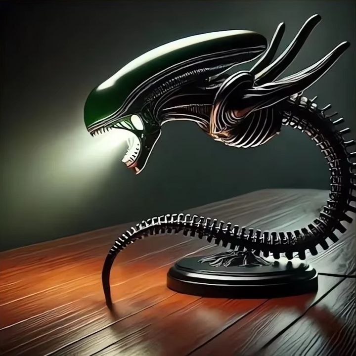 Unique Menacing Sci-Fi Creature LED Desk Lamp. Resin collectible table light, perfect for horror & gaming room decor.