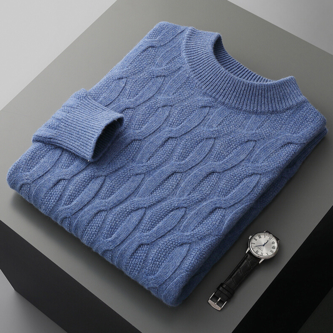 "Men's beige cashmere polo sweater, 100% cashmere, elegantly tailored, ultra-soft texture, versatile for all occasions."