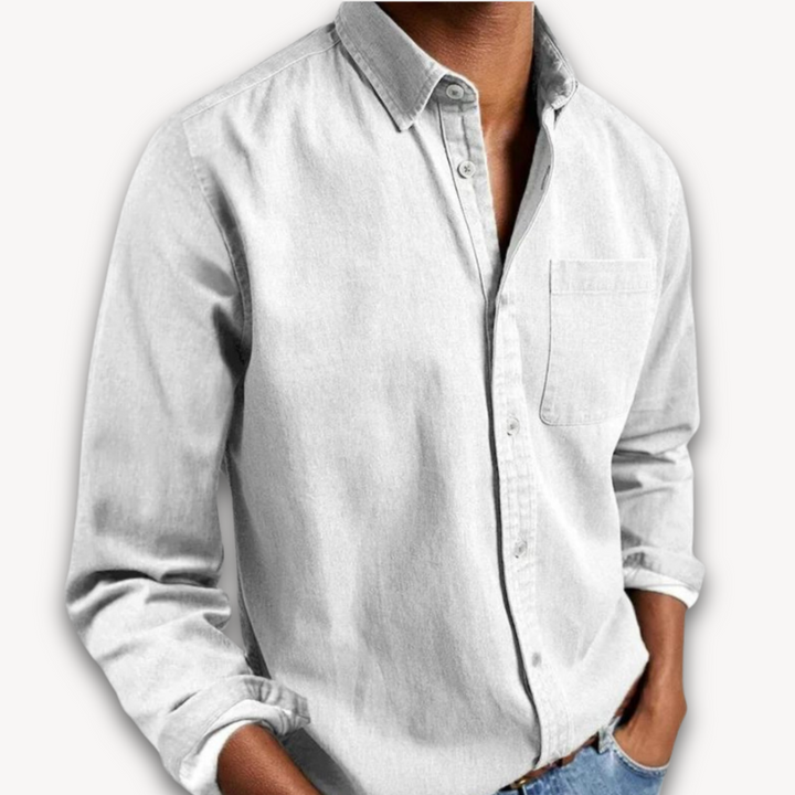 "Men's black cotton button-up long sleeve shirt, casual style with tailored fit, perfect for versatile, elegant outfits."