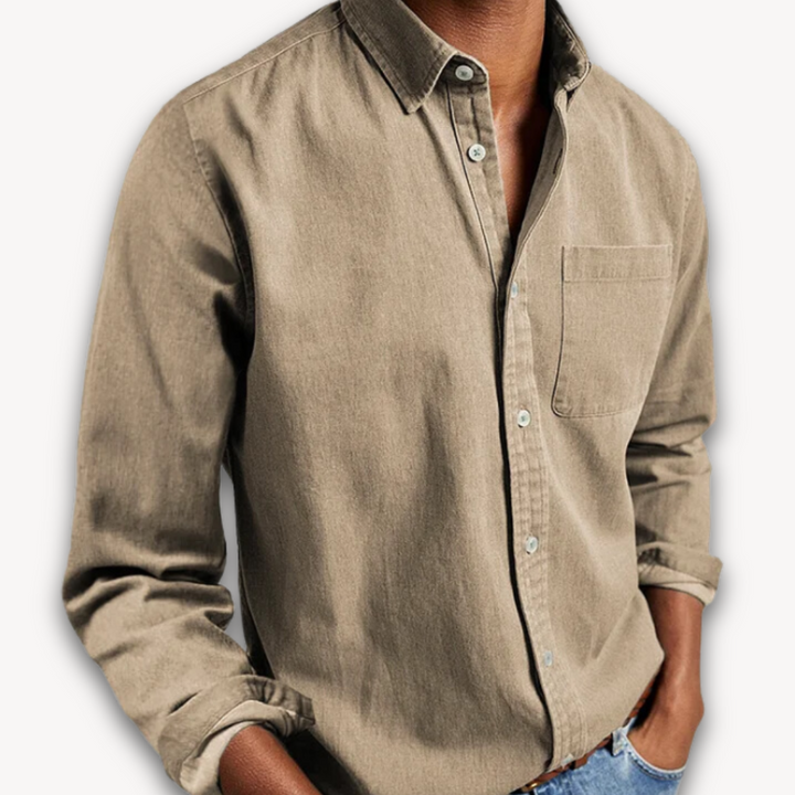 "Men's black cotton button-up long sleeve shirt, casual style with tailored fit, perfect for versatile, elegant outfits."