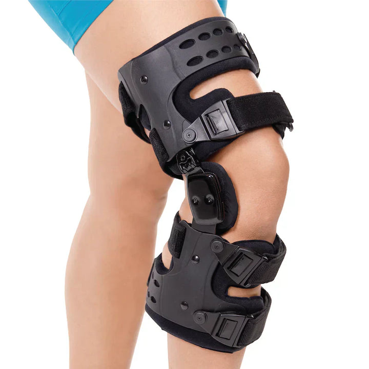 Men's black osteoarthritis unloader knee brace with adjustable straps, medial-lateral support, ideal for pain relief and mobi