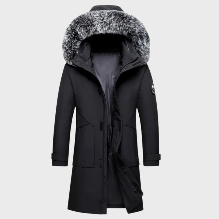 Men's blue thermal waterproof jacket with fur lining, featuring a stylish fit, ideal for winter weather protection.