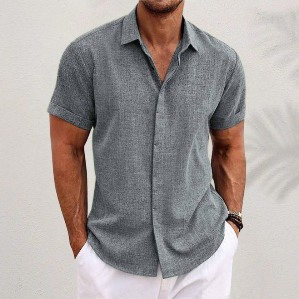 "Men's breathable linen short sleeve shirt, front view, lightweight fabric, button-up style for casual and semi-formal occasi
