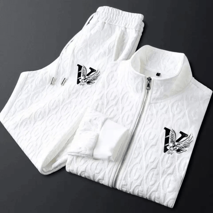 Men's cable-knit tracksuit set, full-zip jacket, drawstring pants, elegant and comfortable design, ideal for casual wear.
