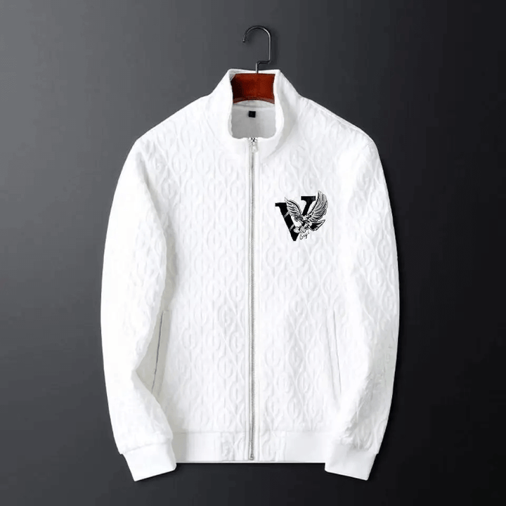 Men's cable-knit tracksuit set, full-zip jacket, drawstring pants, elegant and comfortable design, ideal for casual wear.