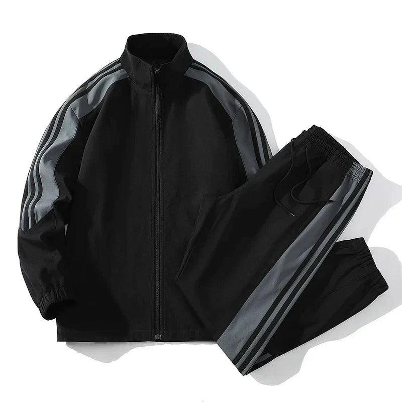 "Men's casual sports tracksuit with stylish stripe design, lightweight jacket and jogger pants, perfect for active or casual 