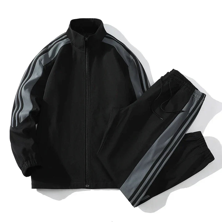 "Men's casual sports tracksuit with stylish stripe design, lightweight jacket and jogger pants, perfect for active or casual 
