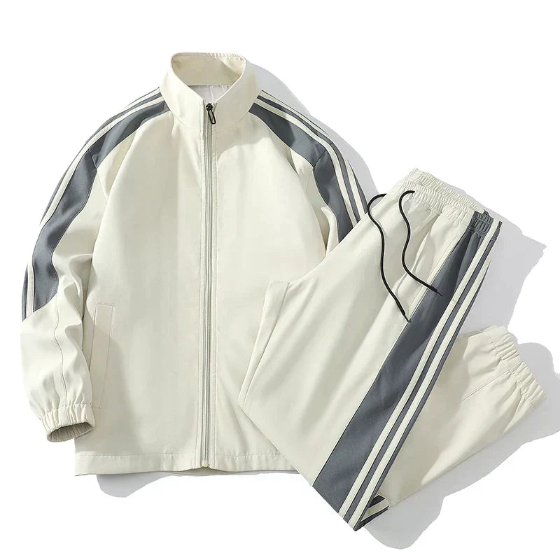 "Men's casual sports tracksuit with stylish stripe design, lightweight jacket and jogger pants, perfect for active or casual 