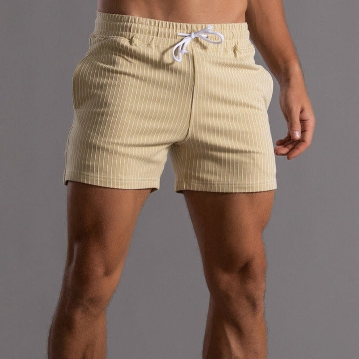 Close-up of the striped pattern on men's casual shorts.